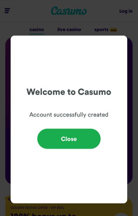 Final step to sign up at Casumo India