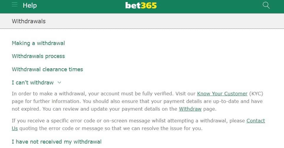 Screenshot from Bet365's website on account verification