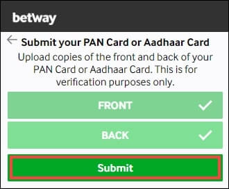 Screenshot of step 2 in verifying your account at Betway