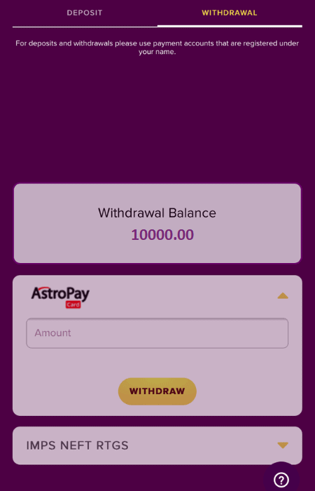 Step 2 in how to withdraw at Bollybet