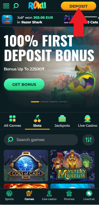 Screenshot of the first step to deposit at RokuBet